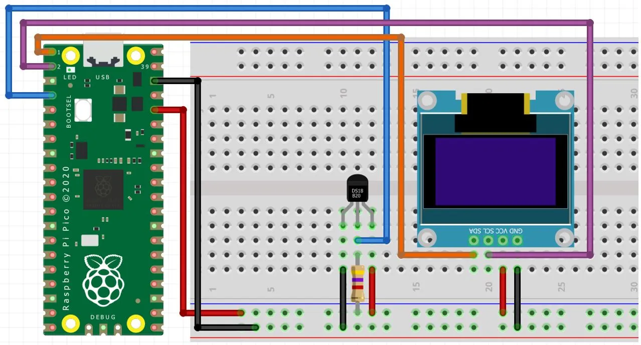 Raspberry Pi Pico com diagrama de conexão ds18b20 e OLED
